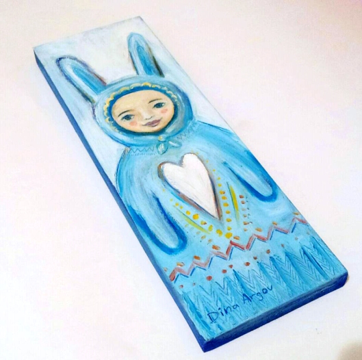Blue baby bunny - folk painting on wood