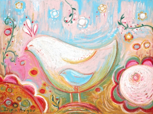 Folk print - Bird mama and baby - Whimsical illustration